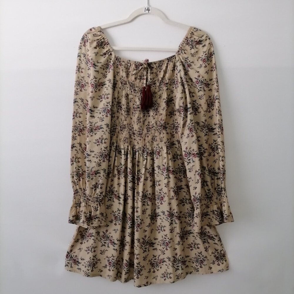 Salsa Womens Beige Balloon Sleeve Off The Shoulder Tassel Floral Dress XS